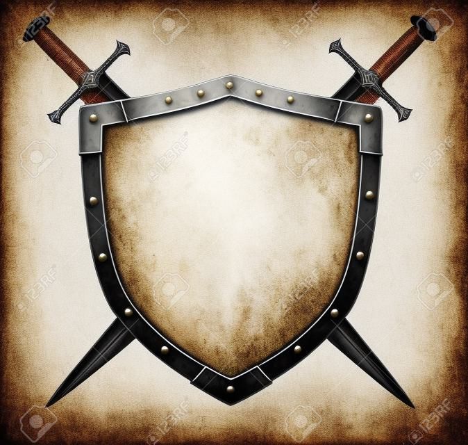 herb średniowieczny rycerz tarcza i mieczem samodzielnie na białym tle