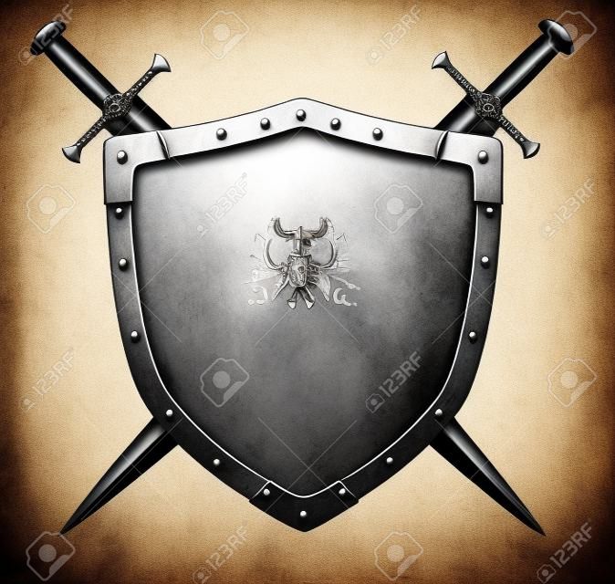 herb średniowieczny rycerz tarcza i mieczem samodzielnie na białym tle