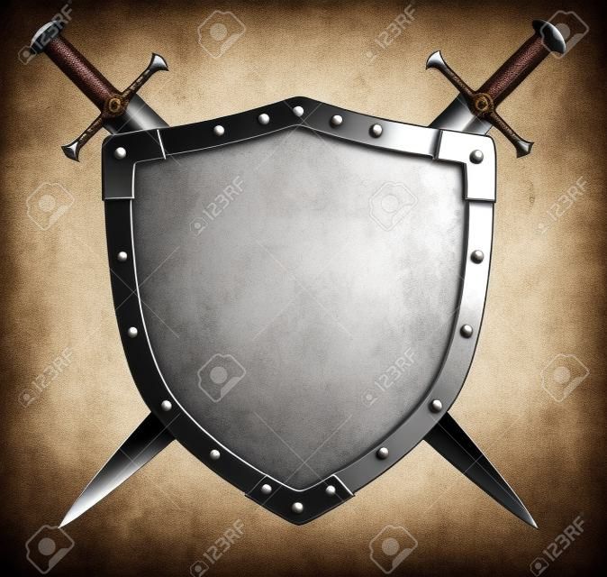 silah Ortaçağ şövalye kalkanı ve kılıç kat beyaz izole