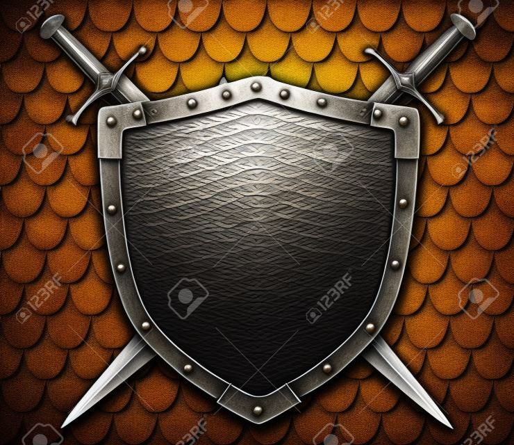 medieval shield with two crossed swords over scales armour background