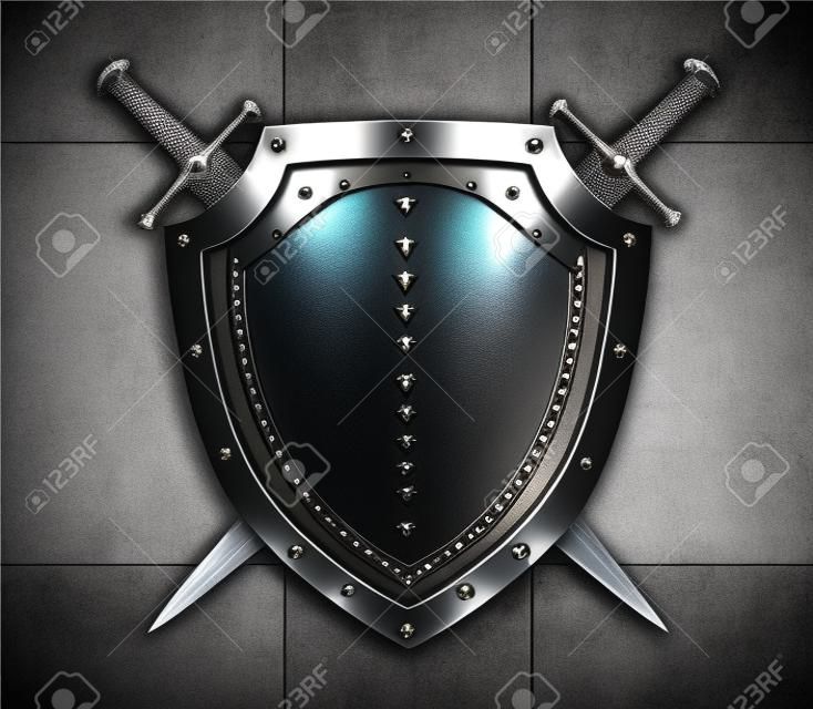 knight shield and two crossed swords over armor plates or gate