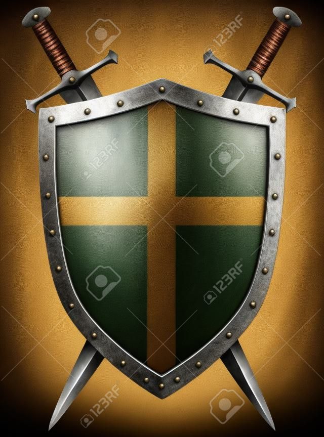古老的中世纪十字军盾牌和两个孤立的剑