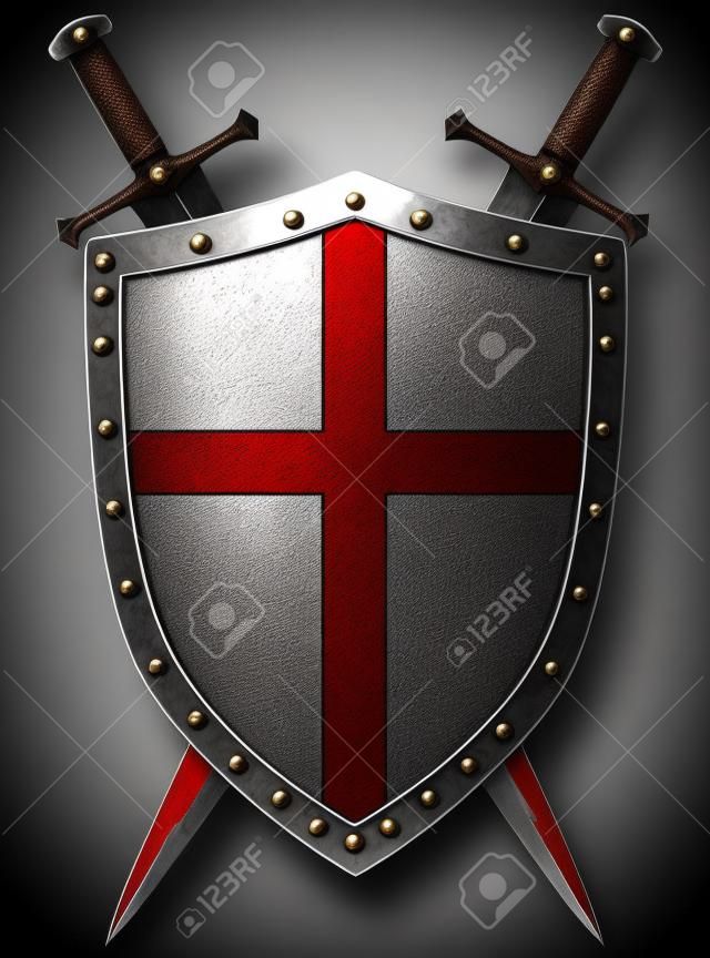 古老的中世纪十字军盾牌和两个孤立的剑