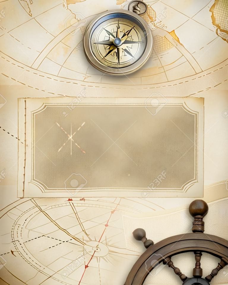 aged compass and steering wheel over nautical map