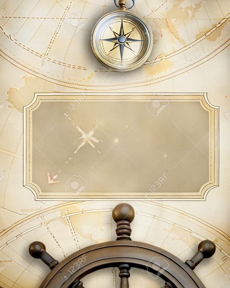 Alter Kompass und Lenkrad über Seekarte