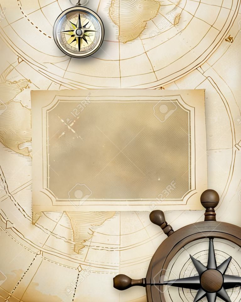 aged compass and steering wheel over nautical map