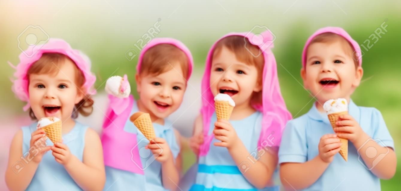 funny children group eating ice cream on party