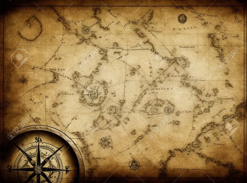 Aged pirates map background. Old treasure map with compass.