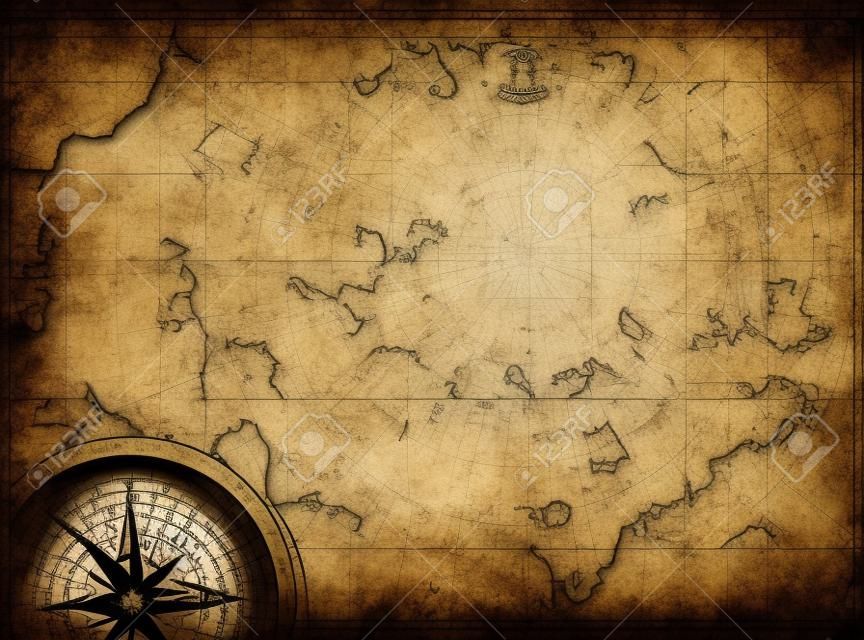 Aged pirates map background. Old treasure map with compass.