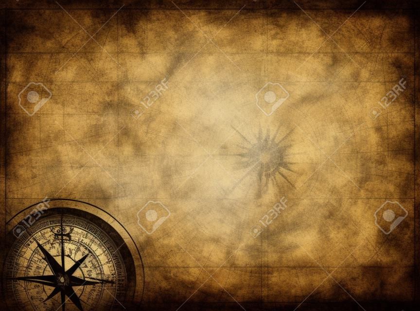 Aged pirates map background. Old treasure map with compass.
