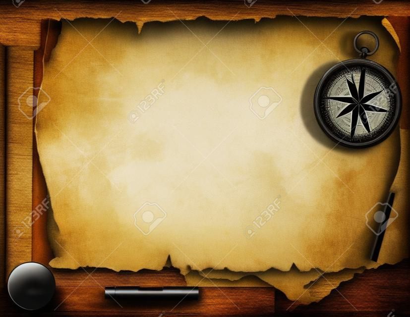 Old blank map background with compass. Adventure or discovery concept.