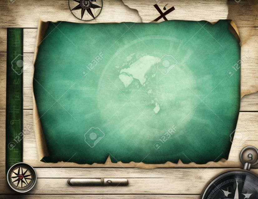Alte leere Karte Hintergrund und Kompass. Abenteuerkonzept 3d darstellung
