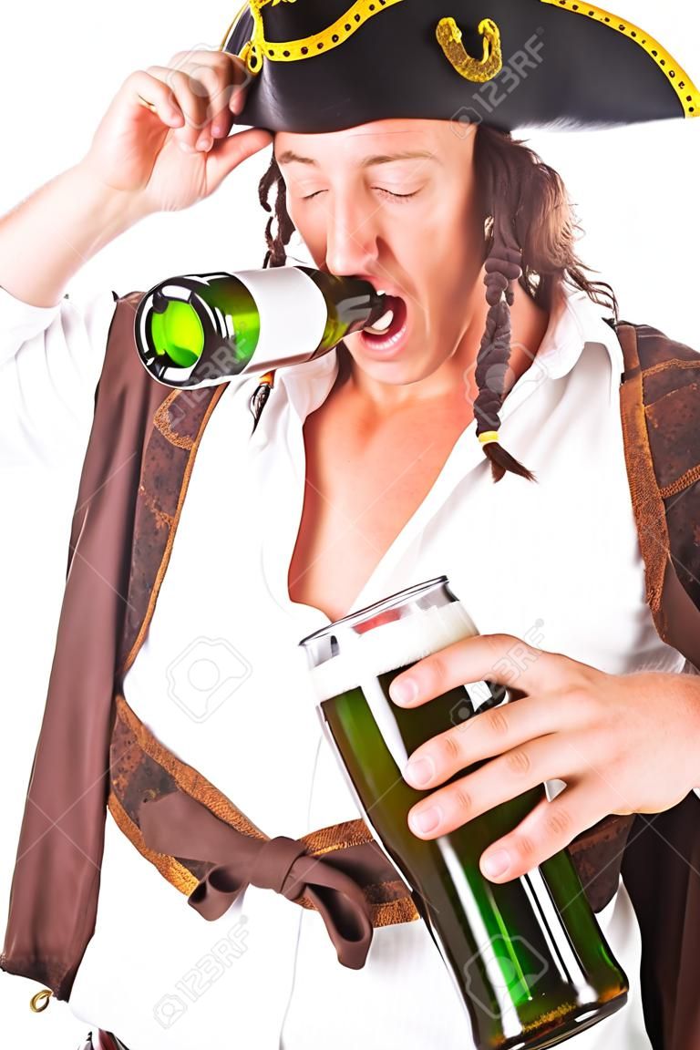 Pirate Standing On White Background Drinking Beer
