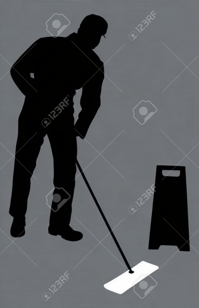 Full length of silhouette man cleaning floor with mop over white background. Vector image