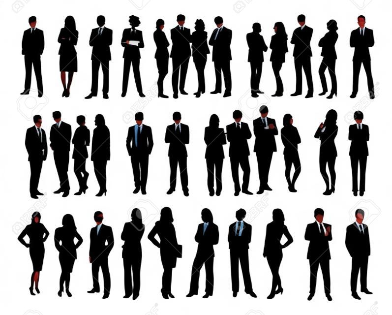Collage de personas silueta de negocios de pie contra el fondo blanco. Vector de imagen