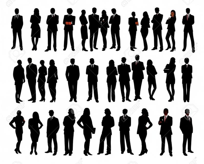 Collage de personas silueta de negocios de pie contra el fondo blanco. Vector de imagen