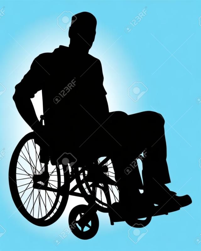 Comprimento completo do homem de negócios da silhueta que senta-se na cadeira de rodas sobre o fundo branco.