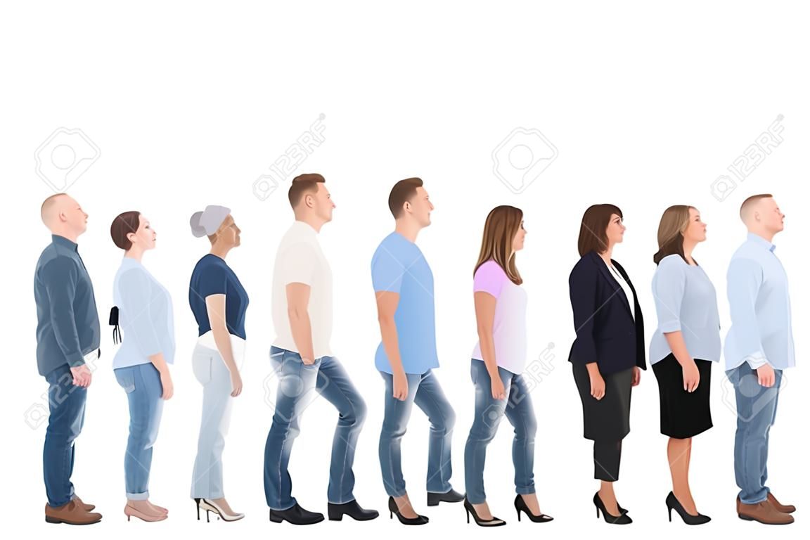 Volledige lengte zijaanzicht van creatieve zakenmensen die in rij staan tegen witte achtergrond