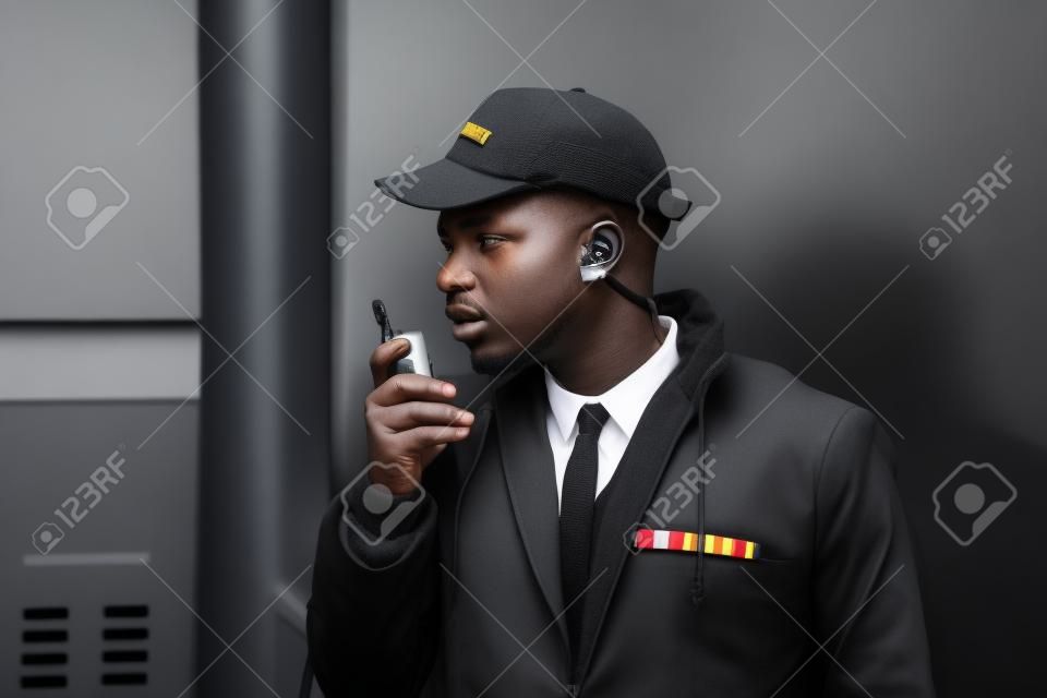 Portré, fiatal, afrikai férfi biztonsági őr beszélget walkie-talkie