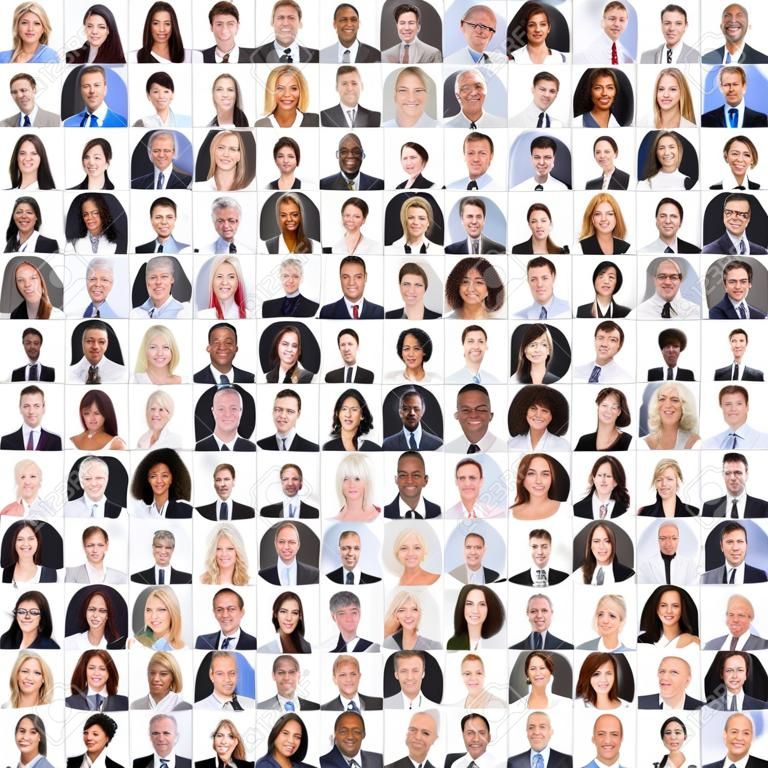 Collage de diversa edad multiétnica y mixta sonriendo gente de negocios. Concepto de la diversidad del equipo