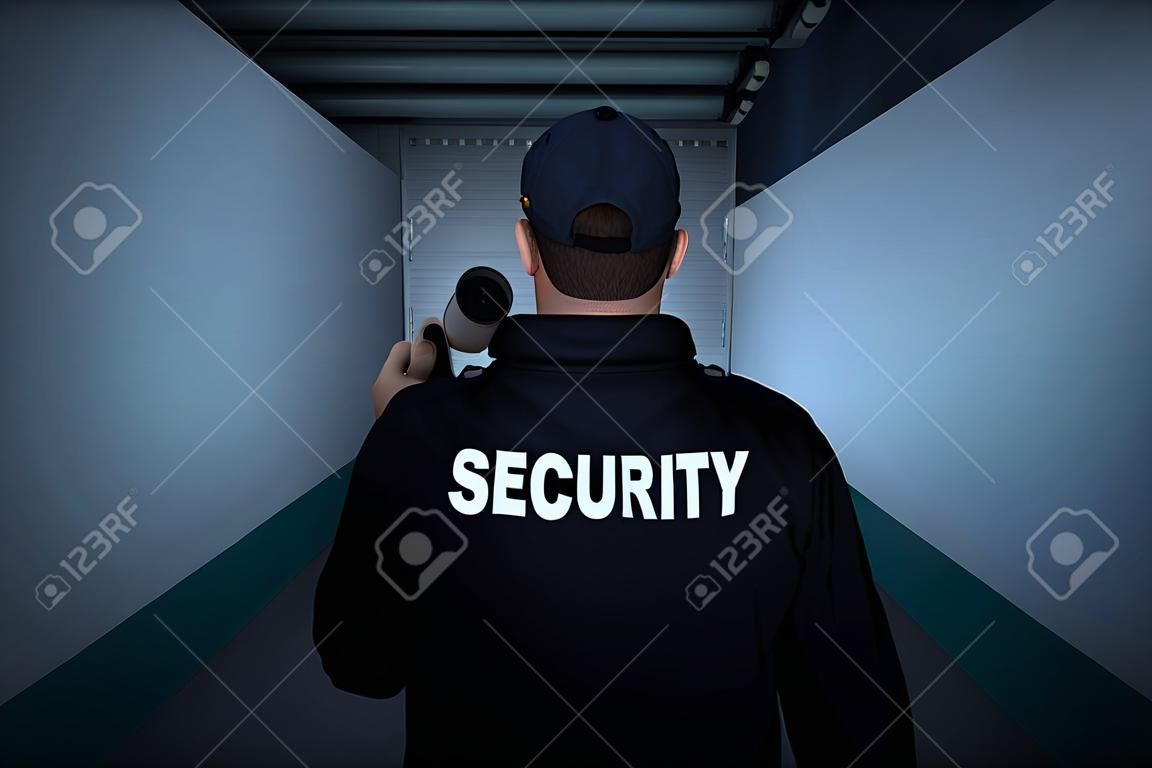 Rear View Of A Male Security Guard With Flashlight Standing In Corridor