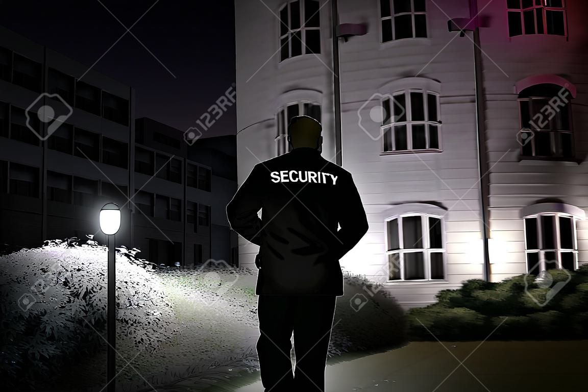 Guardia de seguridad caminar perímetro del edificio con linterna en la noche