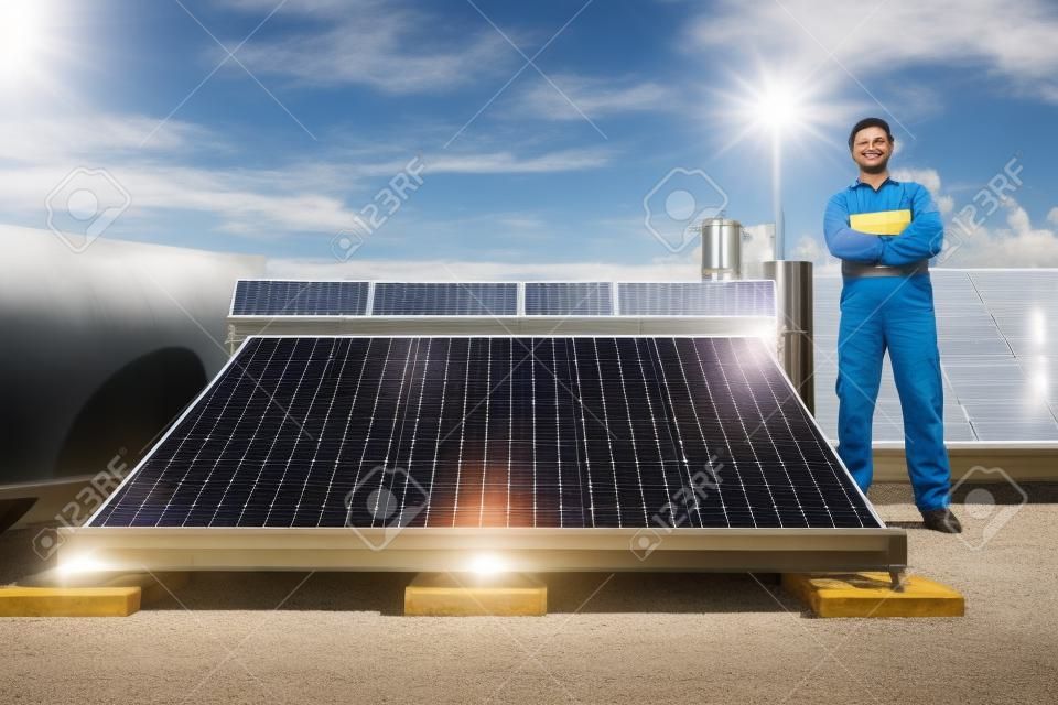 Proud Worker Standing Near Solar Energy Electric Boiler