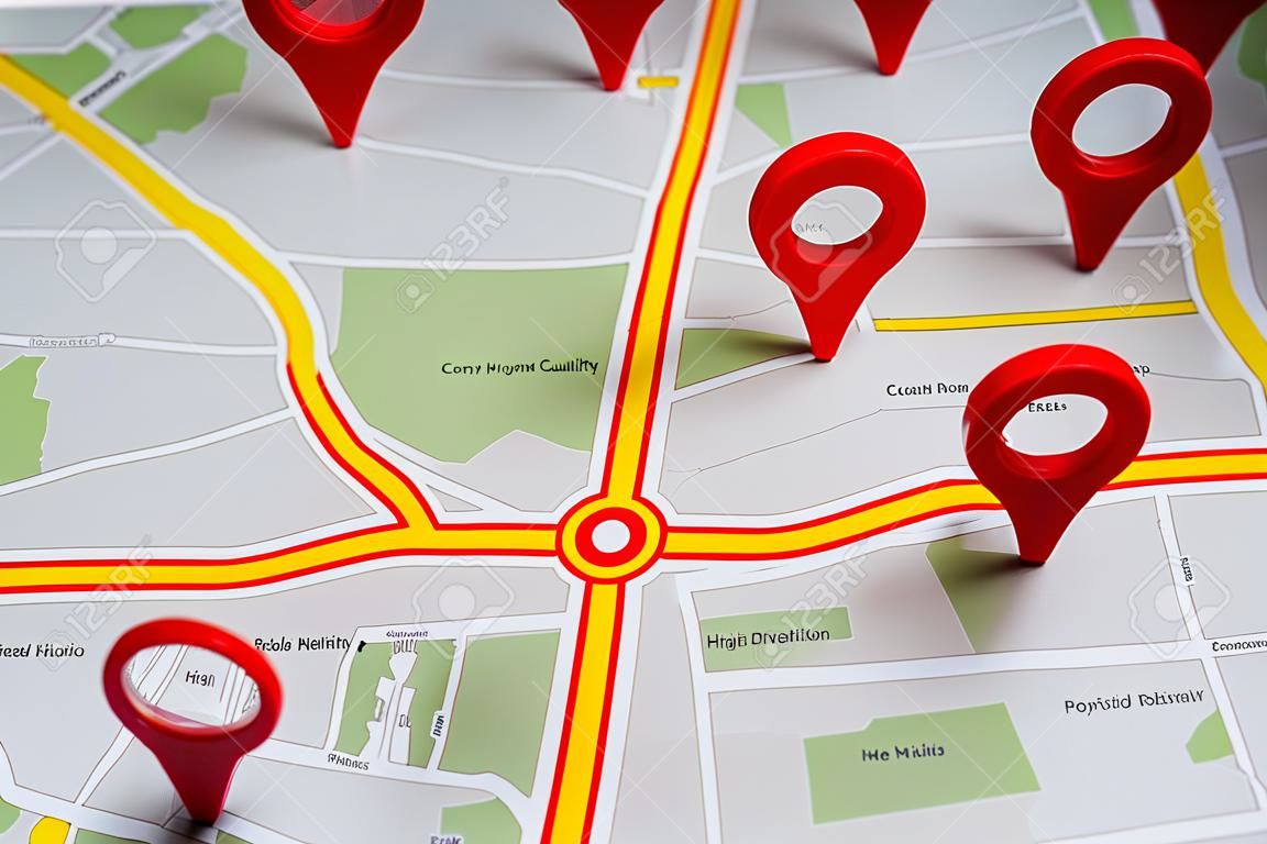 Close-up Of A Road Map With Red Navigation Icons