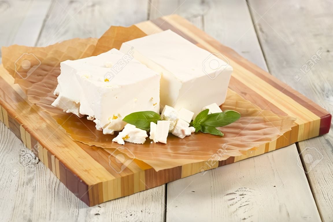 Greek traditional Feta soft cheese in the plate