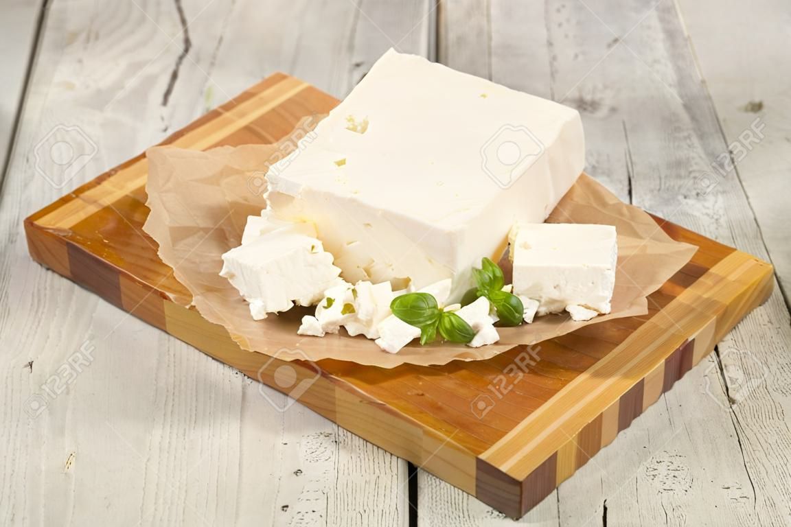 Greek traditional Feta soft cheese in the plate
