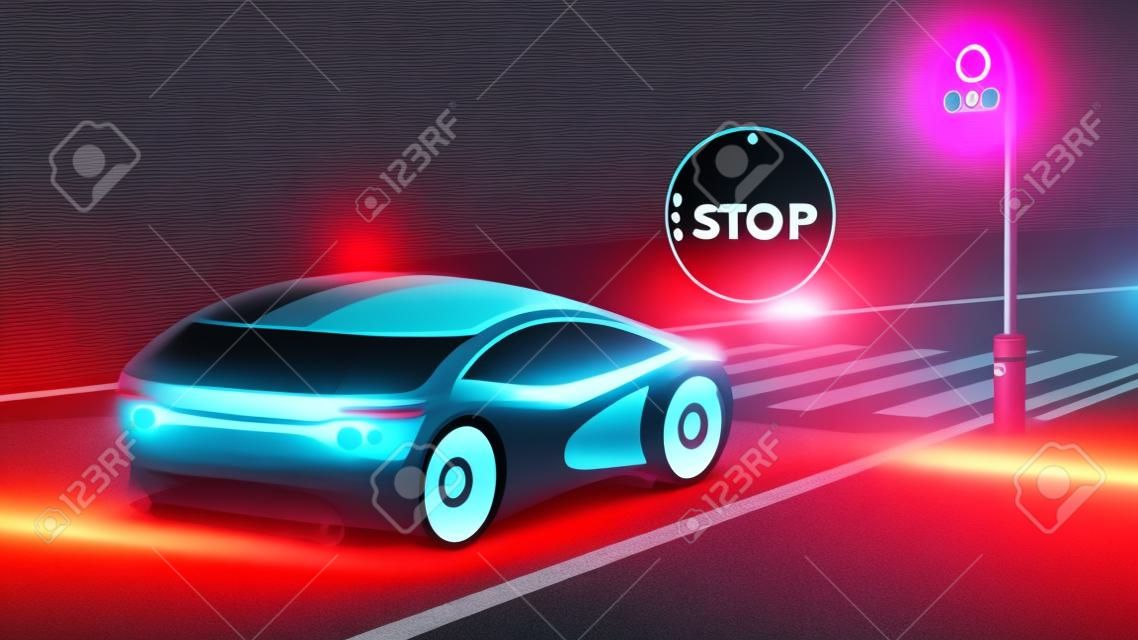 paso de peatones. El coche se detuvo en una luz roja antes del paso de peatones. En frente del coche ilumina el holograma de una señal de stop. Concepto futurista de la seguridad vial. VECTOR