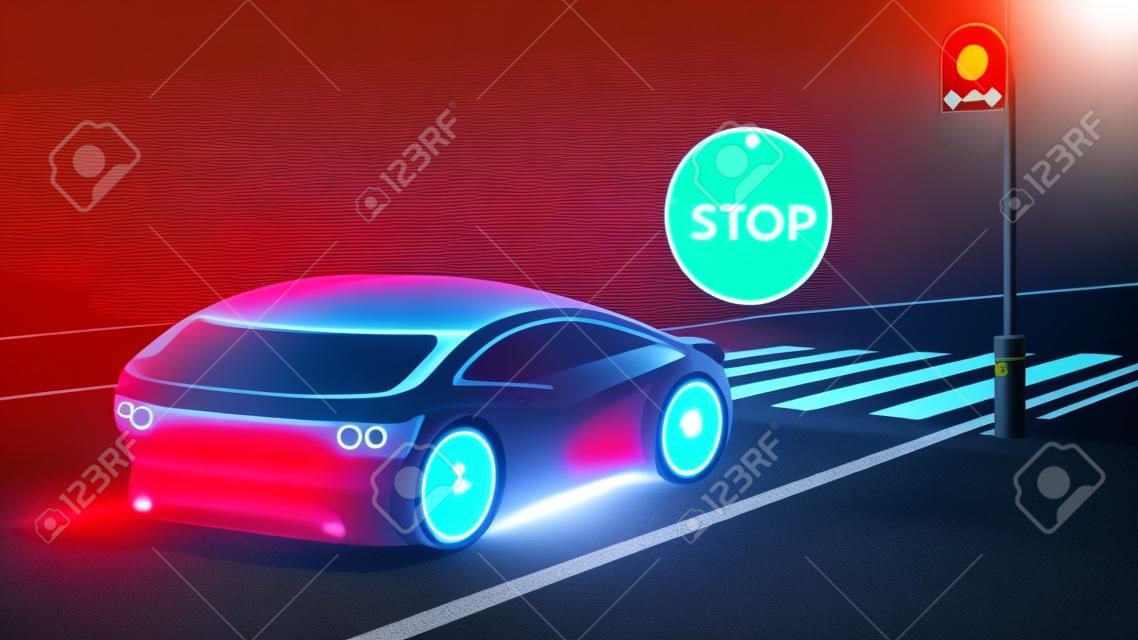 zebra. a kocsi megállt egy piros lámpával a gyalogos átkelés előtt. Az autó előtt megvilágítja a stop jel hologramát. futurisztikus közlekedésbiztonsági koncepció. VEKTOR