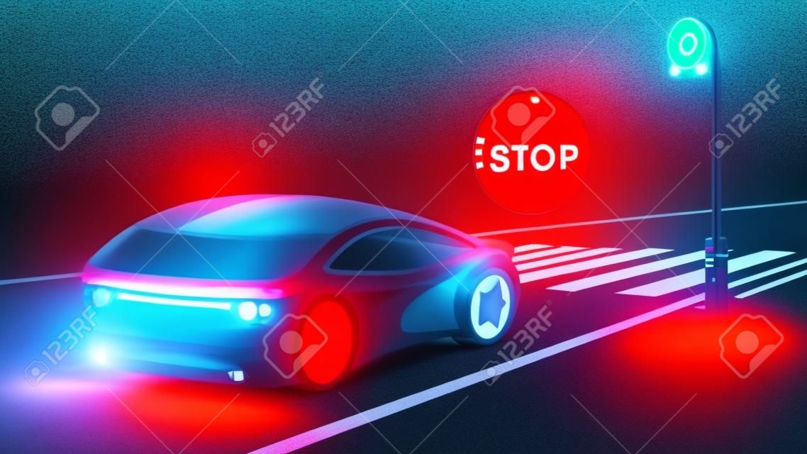 paso de peatones. El coche se detuvo en una luz roja antes del paso de peatones. En frente del coche ilumina el holograma de una señal de stop. Concepto futurista de la seguridad vial. VECTOR