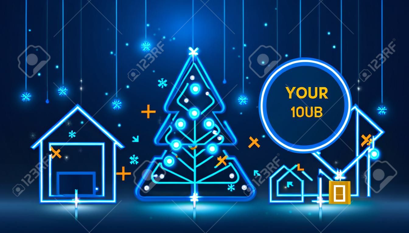 模板新年和聖誕賀卡中的新技術風格。聖誕樹，2018年在印製電路板上。來自電子脈沖和信號的降雪和雪花。向量