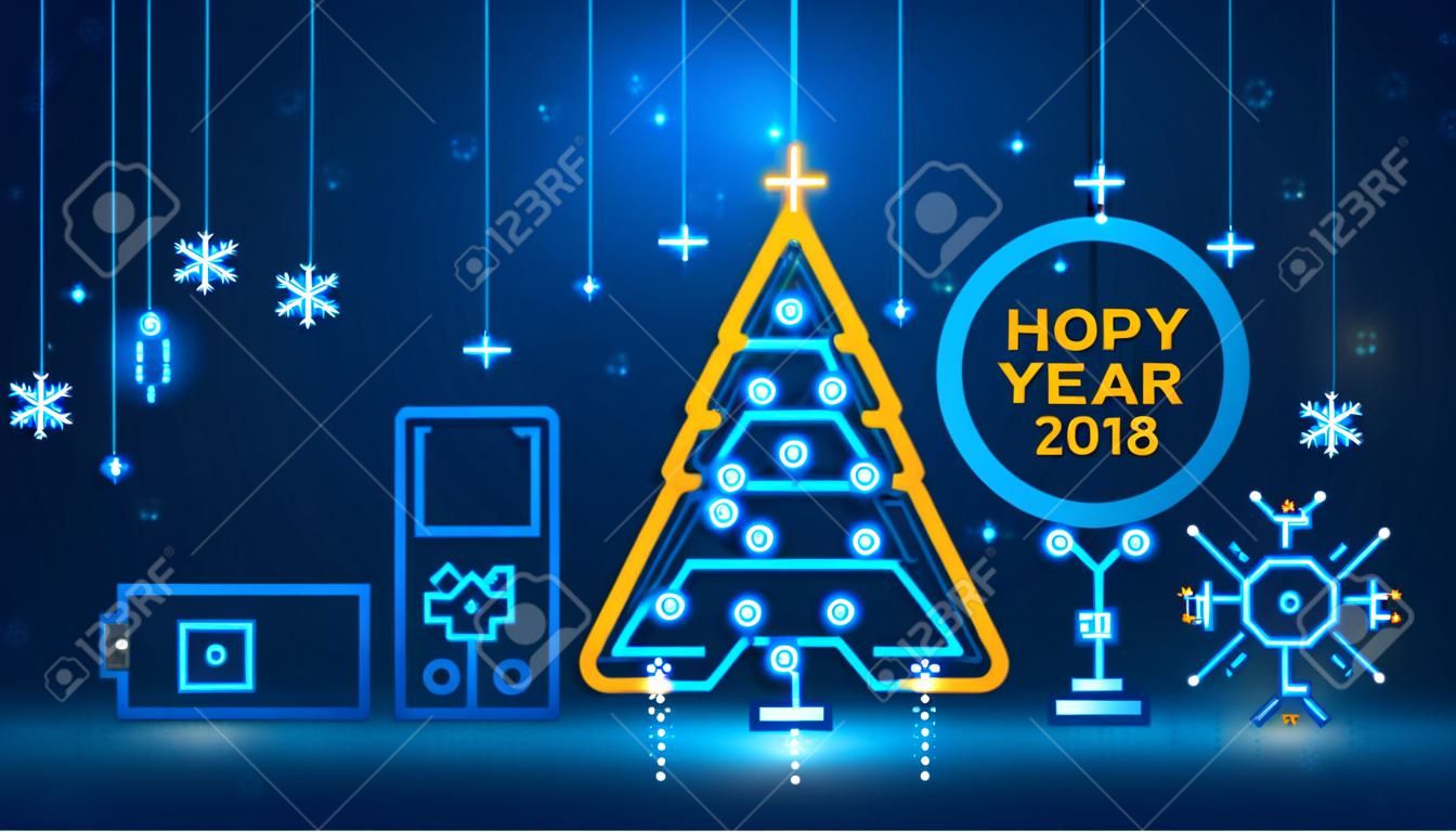 テンプレート新しい年と新しい技術のスタイルでクリスマス カード。クリスマス ツリー、プリント回路基板の 2018 年。電子パルス信号からの降雪と雪のフレーク。ベクトル
