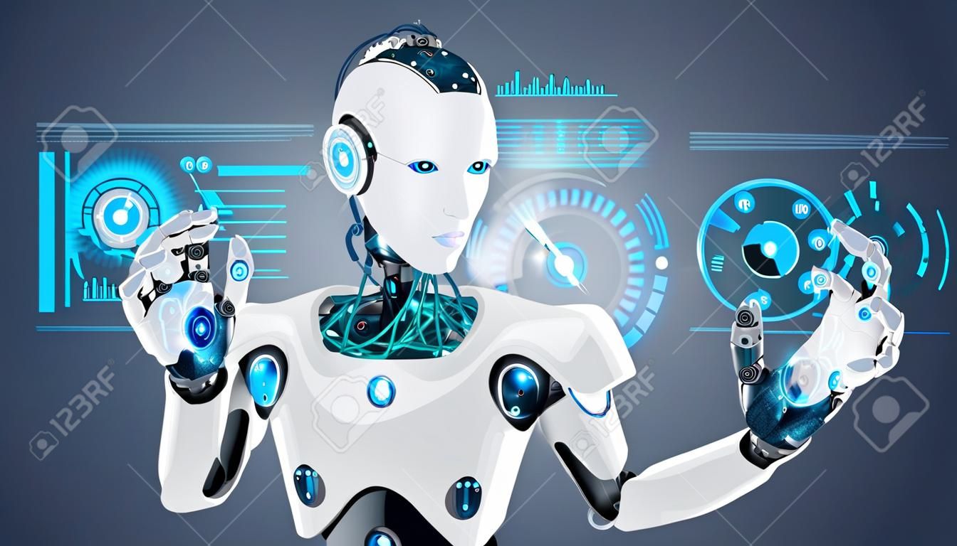 Robô organismo cibernético trabalha com uma interface HUD virtual em realidade aumentada. Robô humanoide com um rosto plástico pressiona o botão na tela digital. Conceito futuro.