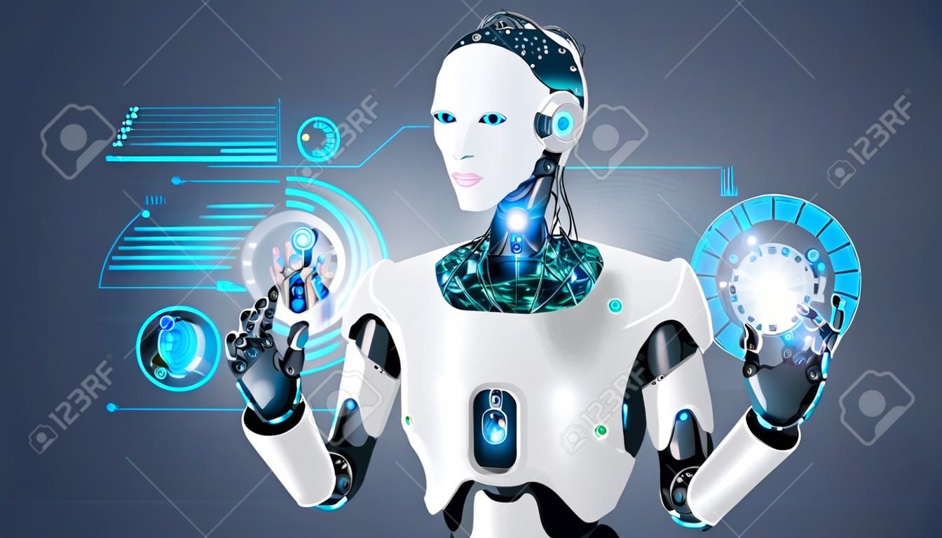 Robot cybernetic organism works with a virtual HUD interface in augmented reality. Humanoid robot with a plastic face presses the button on the digital screen. Future concept.