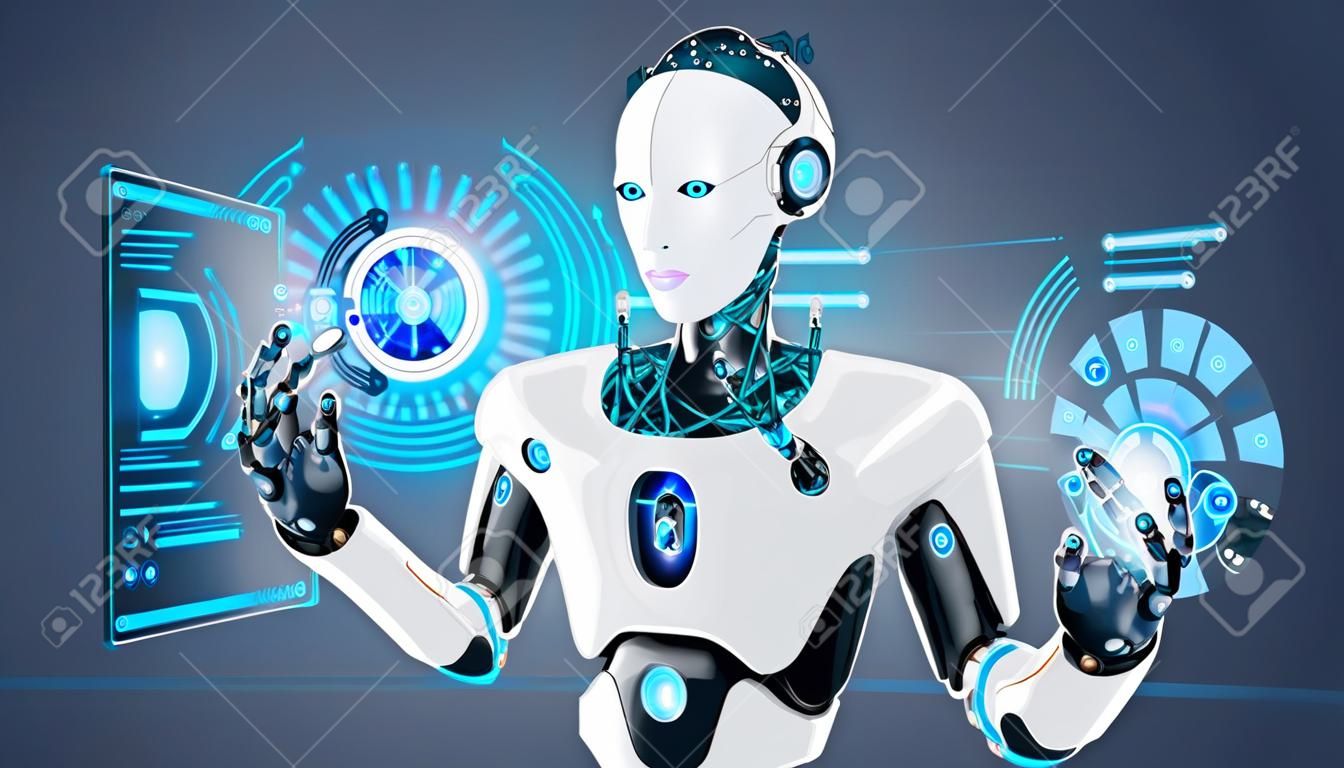 Robot cybernetische organisme werkt met een virtuele HUD interface in augmented reality. Humanoid robot met een plastic gezicht drukt op de knop op het digitale scherm. Future concept.