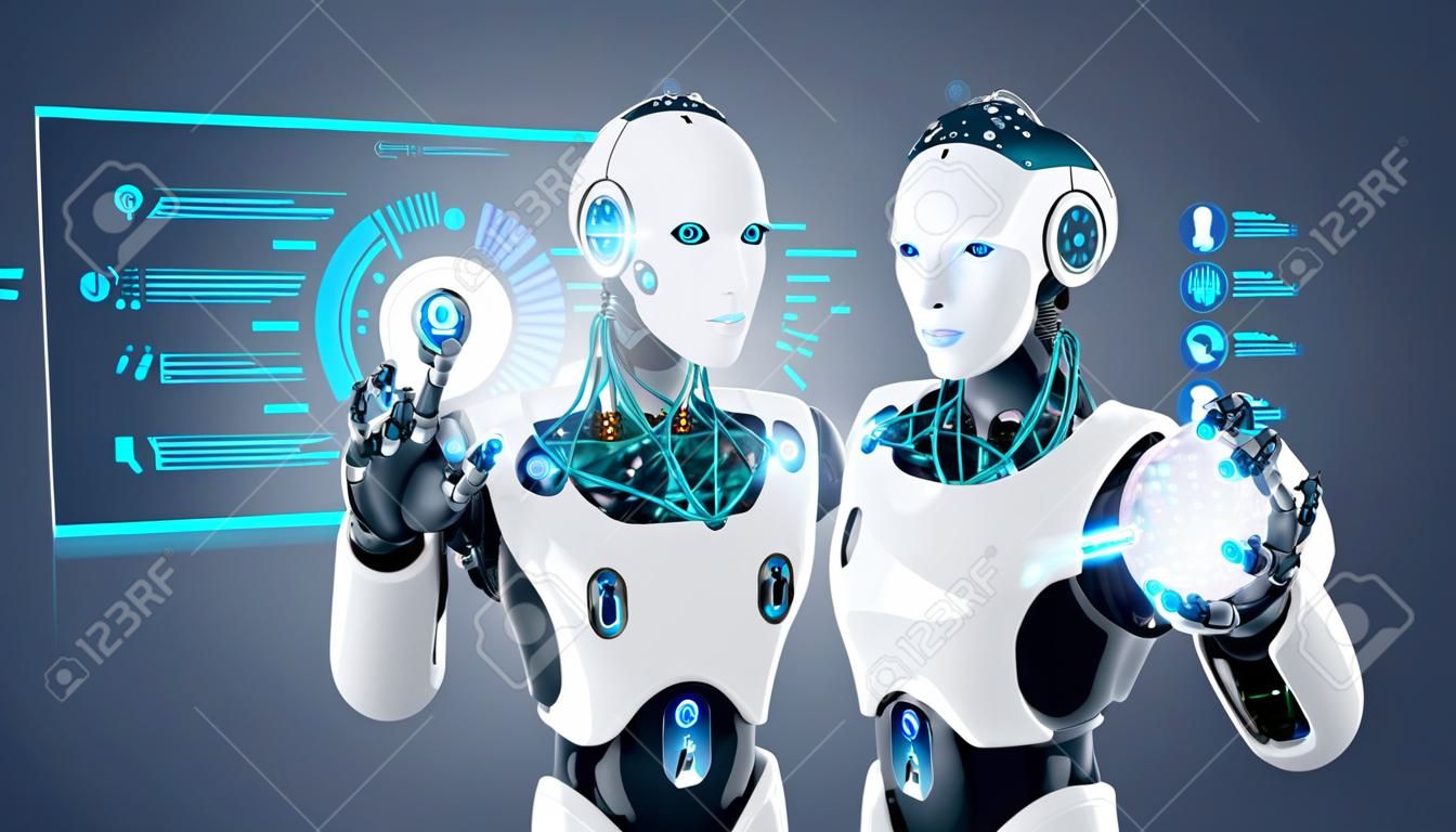 Cybernetyczny organizm robota działa z wirtualnym interfejsem HUD w rzeczywistości rozszerzonej. Humanoidalny robot z plastikową twarzą naciska przycisk na cyfrowym ekranie. Przyszłe pojęcie.