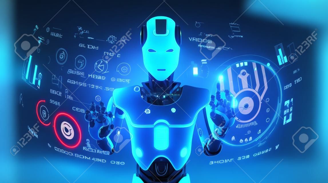 Robot Humanoid arbeitet mit einer virtuellen HUD-Oberfläche in Augmented Reality.