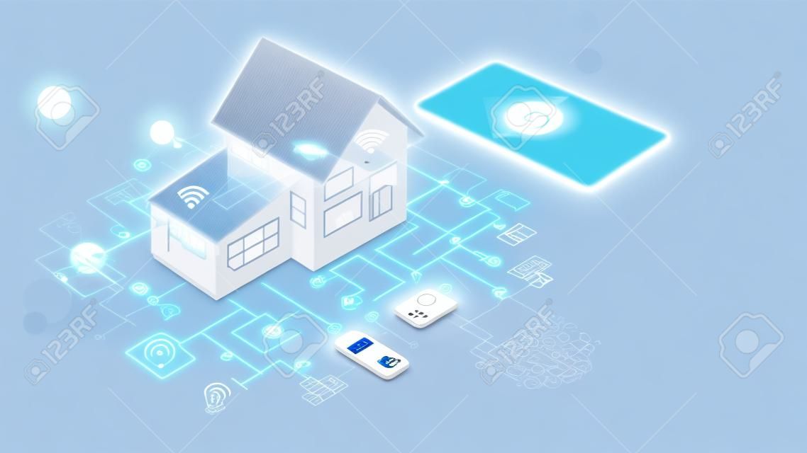 Concepto IOT. Conexión y control de casa inteligente con dispositivos a través de la red doméstica. Fondo de garabatos de Internet de las cosas.