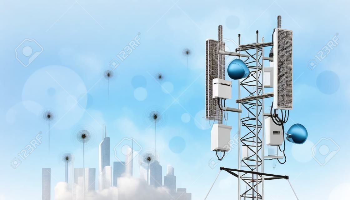 ワイヤレスネットワーク用アンテナ。スマートシティ接続モバイル機器のための通信携帯電話ステーション。高速インターネット通信用放送塔。マストLte空中。技術の背景