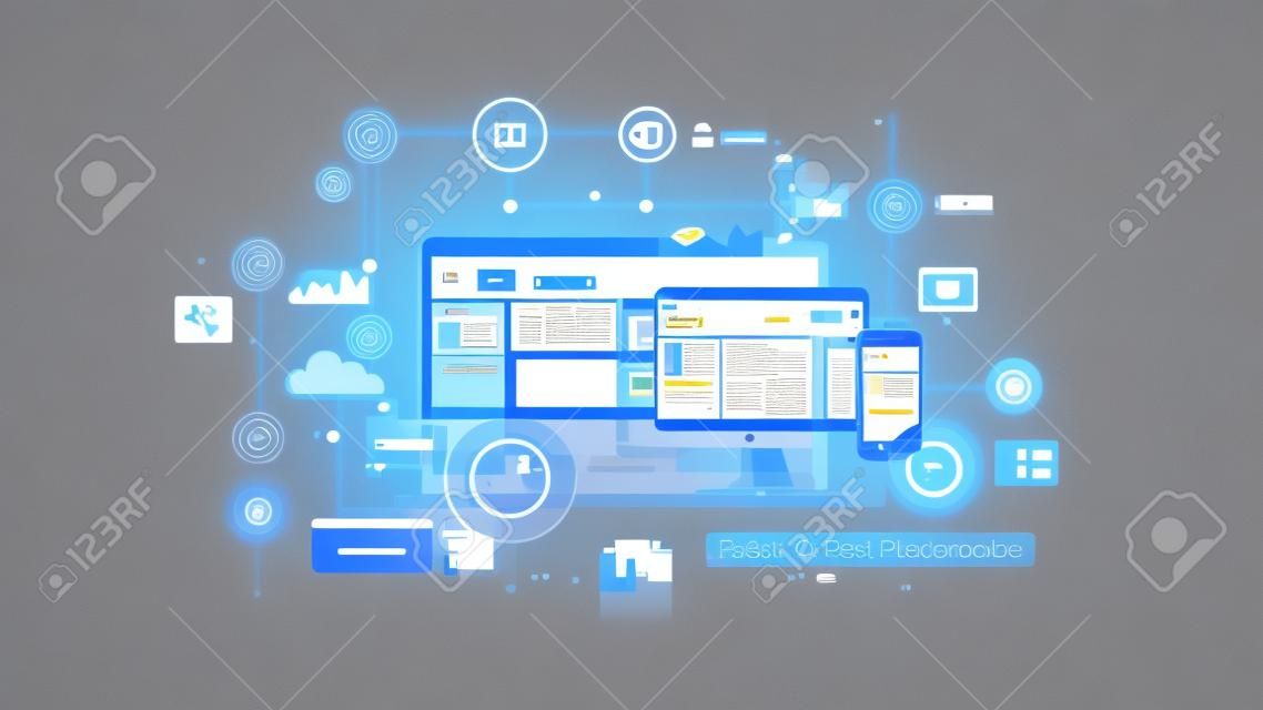 Cross platform website, app design development on laptop, phone, tablet. Technology of create software, code of mobile applications. Programming responsive layout of graphic interface, ui, ux concept.