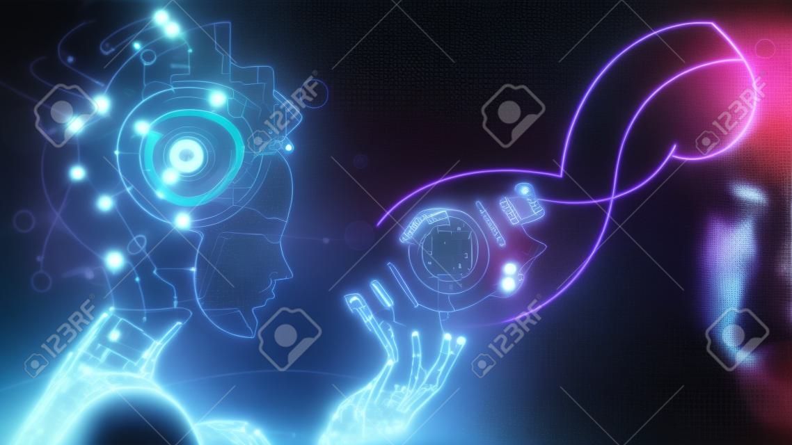 Sztuczna inteligencja w obrazie cyborga z elektronicznym mózgiem. Sieć neuronowa wytrenowana przy użyciu wirtualnego interfejsu hud. Koncepcja technologii uczenia maszynowego. Cybernetyczny robot sci-fi z AI.