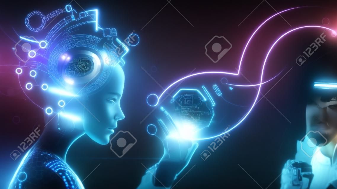 전자 두뇌를 가진 사이보그 소녀의 이미지에서 인공 지능. 가상 hud 인터페이스를 사용하여 훈련된 신경망. 기계 학습 기술 개념입니다. AI가 있는 공상과학 사이버네틱 로봇.