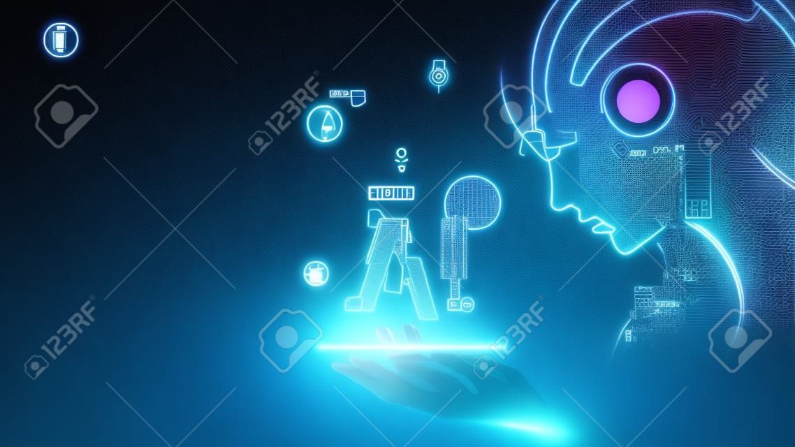 Cyborg woman look at logo AI hanging over phone. Abbreviation AI consists pcb elements. Artificial intelligence with beautiful face in blue virtual cyberspace leaning towards at screen smartphone.