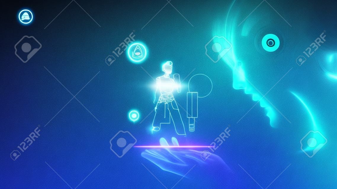 Mujer cyborg mira logo AI colgando sobre el teléfono. La abreviatura AI consiste en elementos de PCB. Inteligencia artificial con rostro hermoso en el ciberespacio virtual azul inclinado hacia la pantalla del teléfono inteligente.