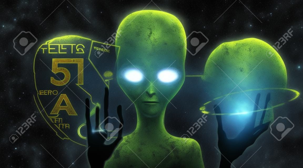 Extraterrestre mostra sulla mappa virtuale del luogo dell'incidente UFO nell'area 51 in Nevada.