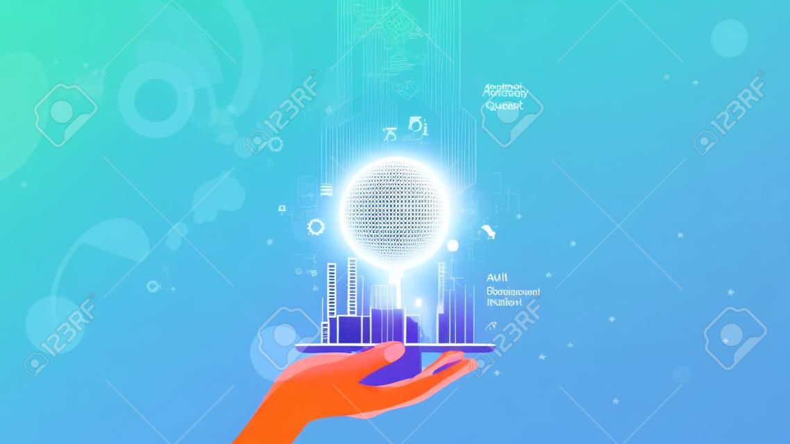 L'intelligence artificielle regarde la ville intelligente, connectée à la planète via l'internet mobile mondial sur le téléphone. L'IA contrôle l'infrastructure de la ville, le trafic de données, assure la sécurité. Concept de communication mondiale.