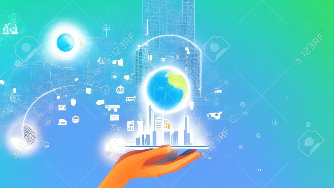 Artificial intelligence looking at smart city, connected with planet through global mobile internet on phone. AI control city infrastructure, data traffic, ensure safety. World communication concept.
